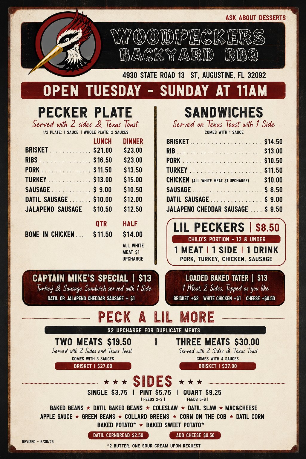 Woodpeckers Backyard BBQ full menu board showing Pecker Plate, Sandwiches, Peck A Lil More, and Sides pricing at 4930 State Road 13, St. Augustine, FL