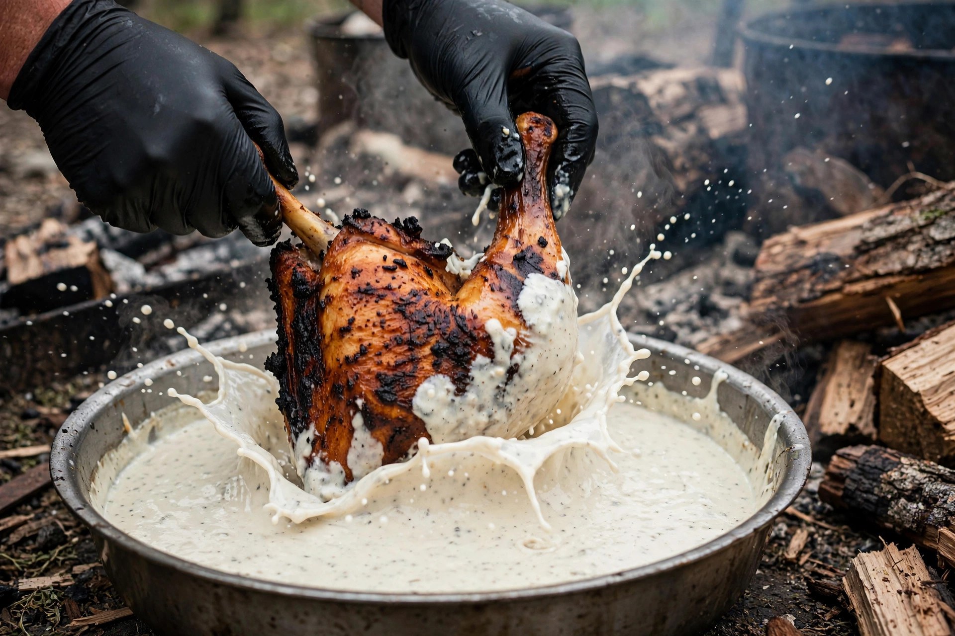 Smoked chicken halves being dunked into a pan of Alabama white sauce