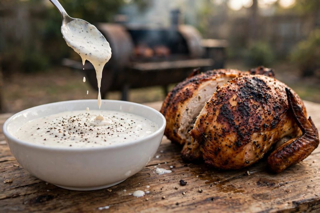 Bowl of Alabama white sauce with cracked black pepper beside smoked chicken