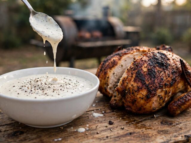 Bowl of Alabama white sauce with cracked black pepper beside smoked chicken