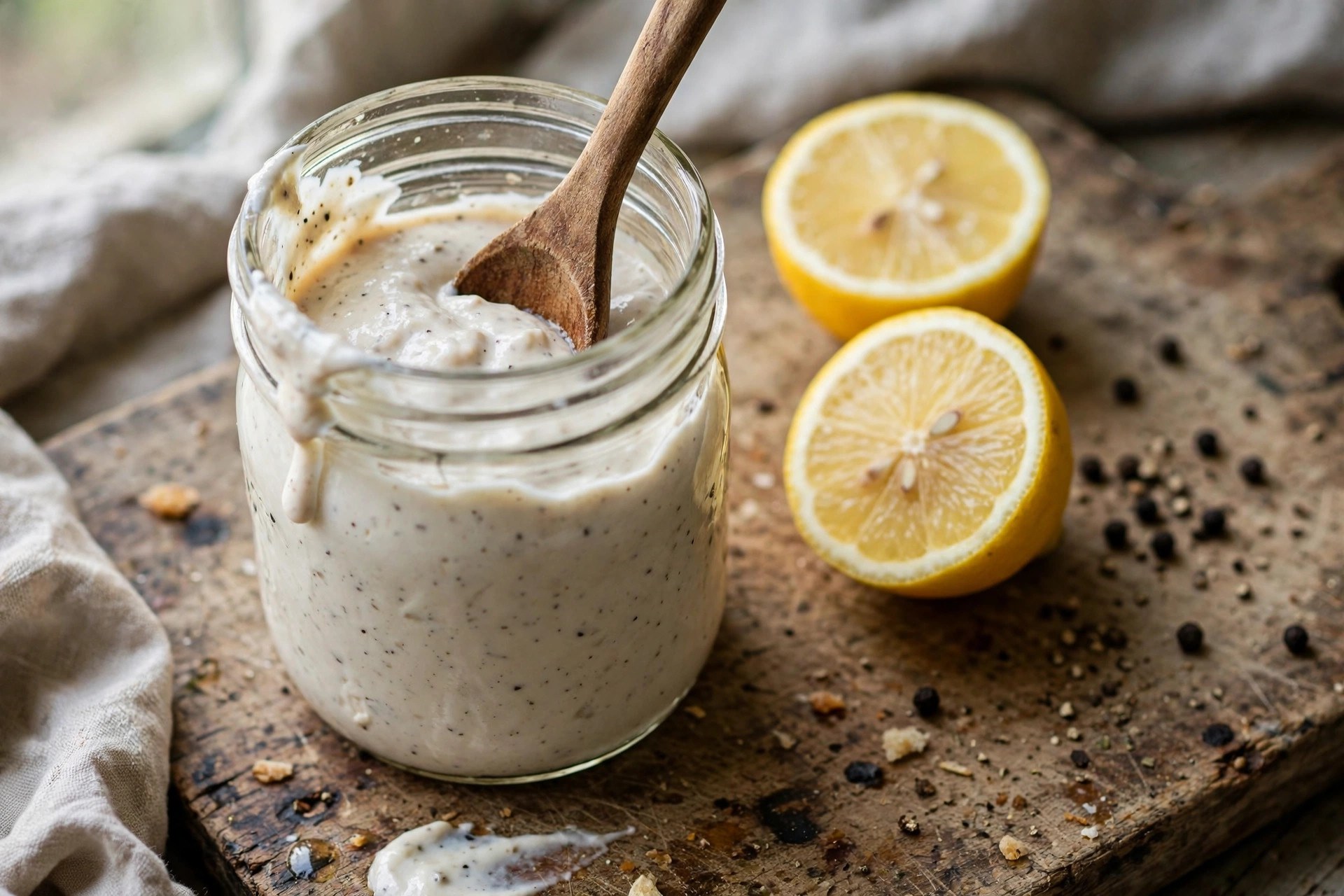 A mason jar of homemade Alabama white sauce with cracked black pepper visible on top