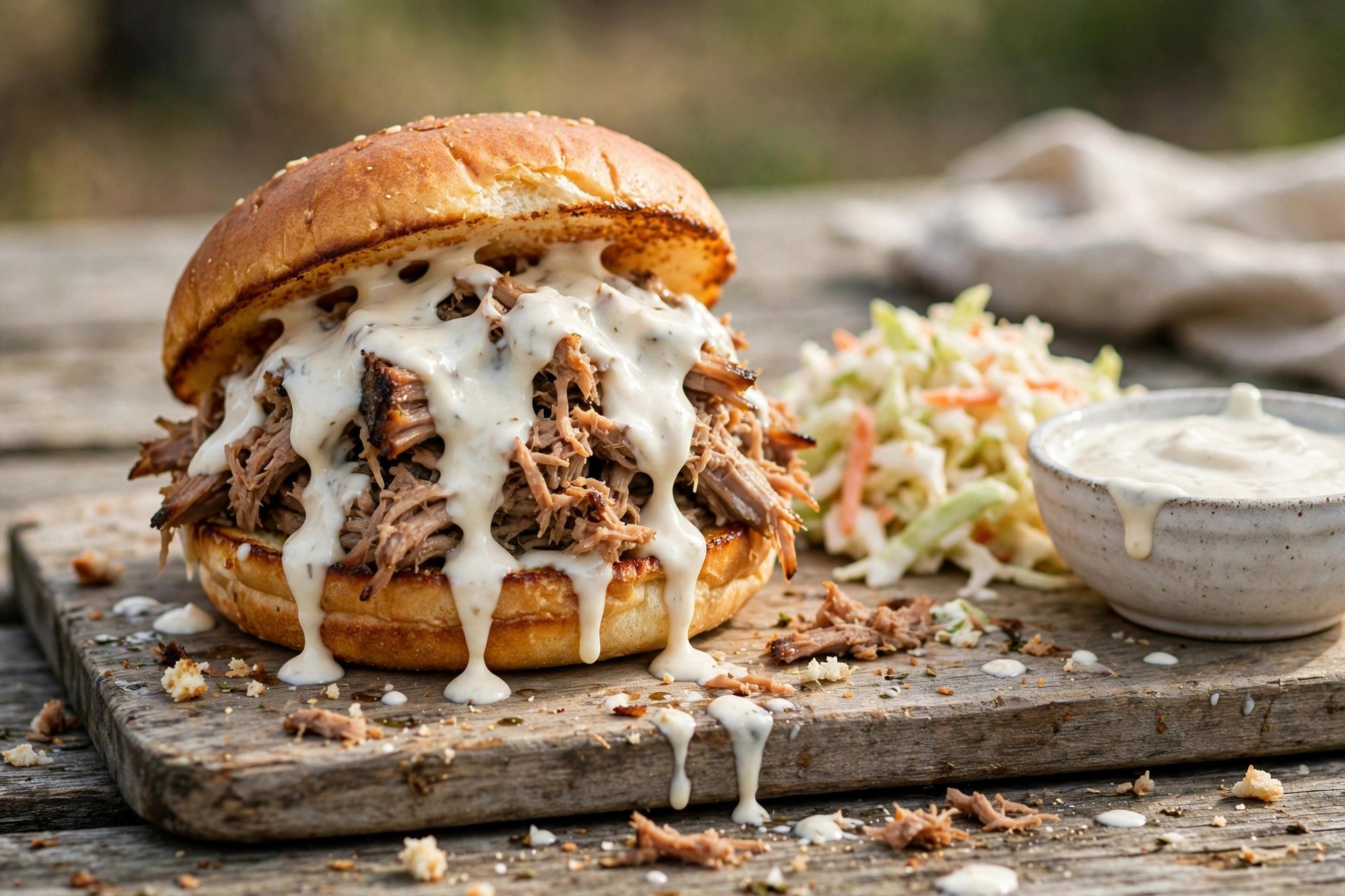Pulled pork sandwich drizzled with Alabama white sauce on a wooden board