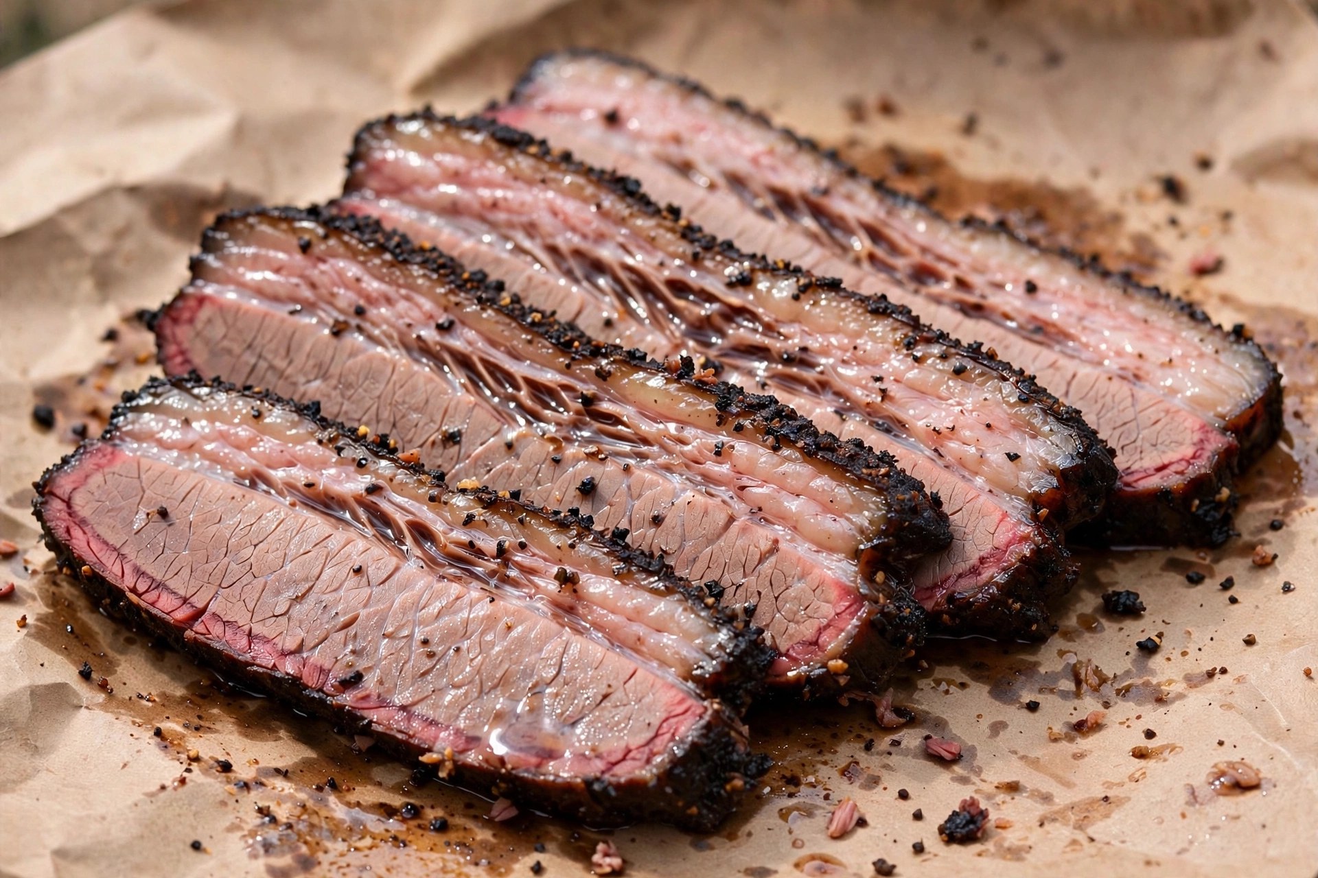 Sliced Texas-style smoked beef brisket with dark bark and pink smoke ring on butcher paper