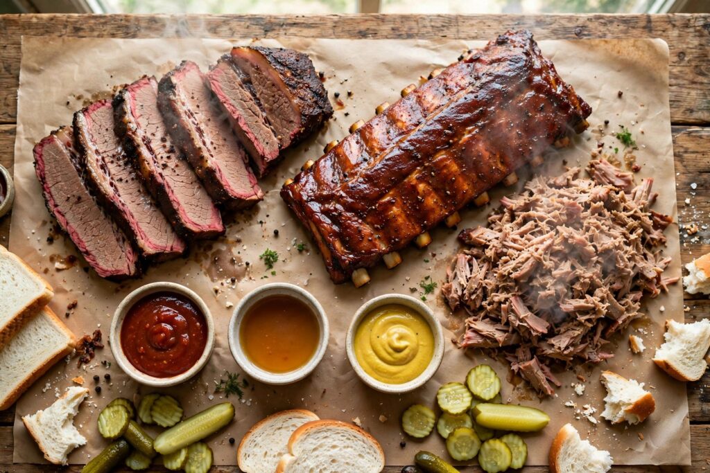 Overhead spread of American barbecue: sliced brisket with smoke ring, glazed ribs, pulled pork, and three regional sauces