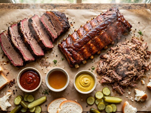 Overhead spread of American barbecue: sliced brisket with smoke ring, glazed ribs, pulled pork, and three regional sauces