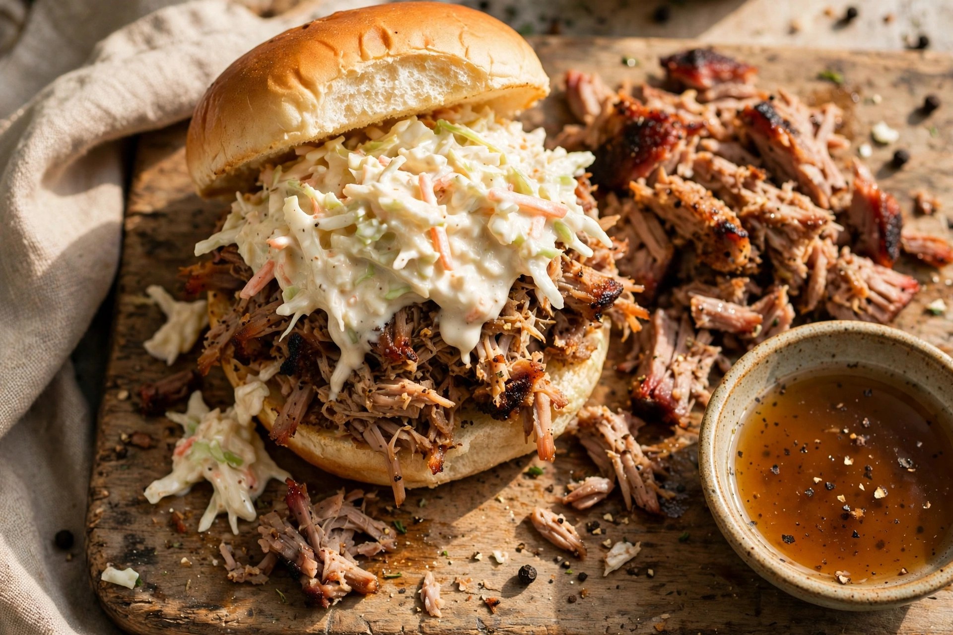 Carolina pulled pork sandwich with coleslaw and vinegar-pepper sauce