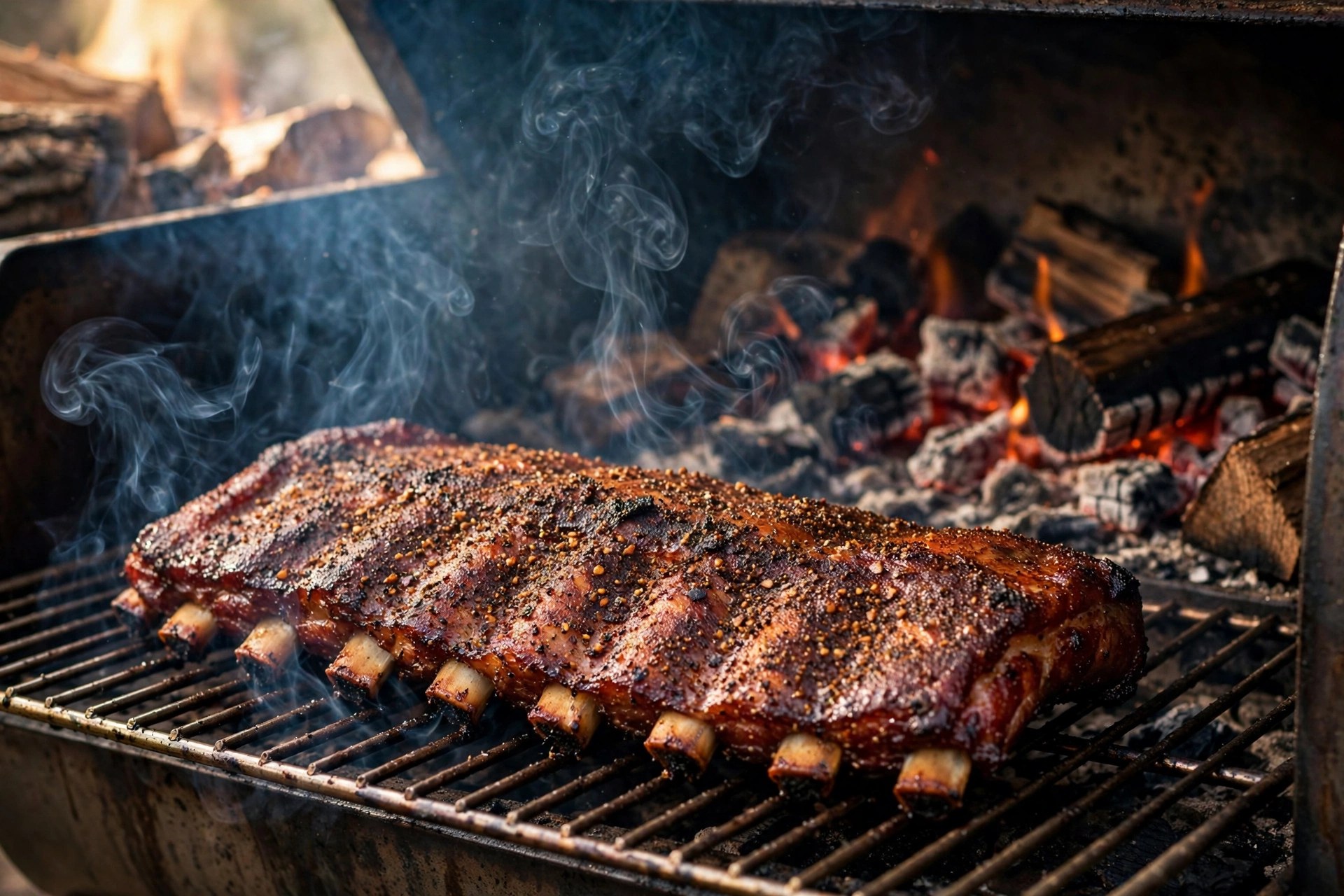 Dry-rubbed pork ribs smoking over wood in an offset smoker