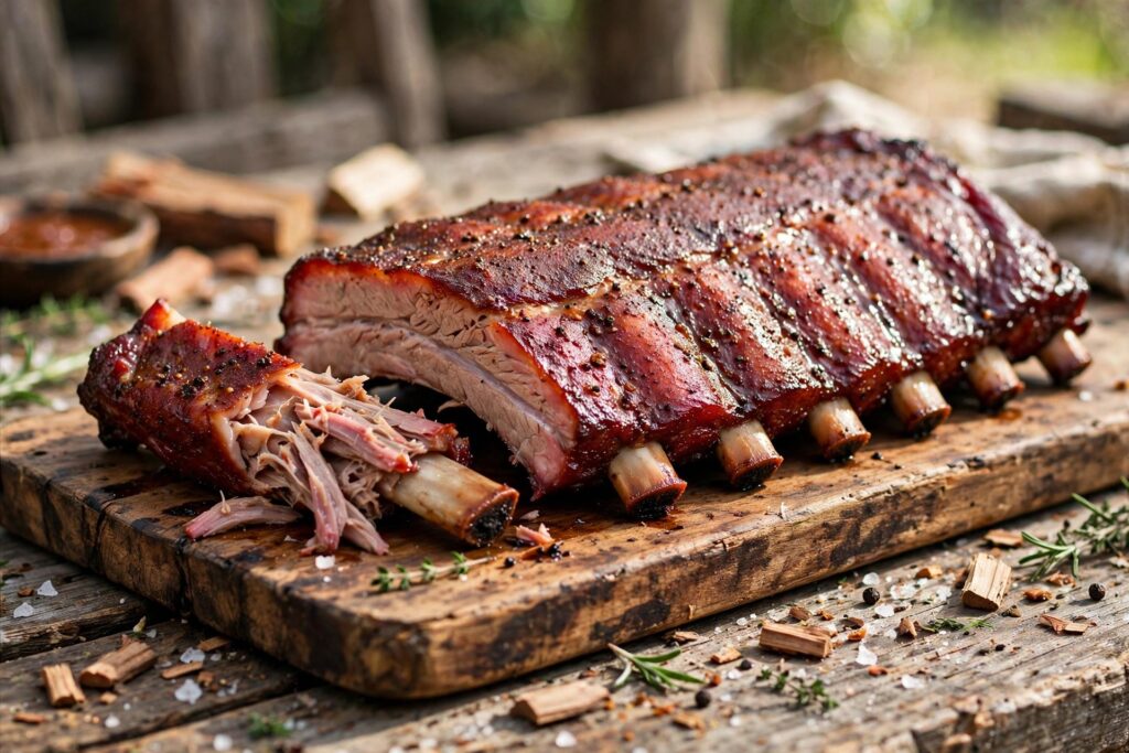 Rack of smoked pork ribs with deep reddish-mahogany cherrywood color on a wooden cutting board
