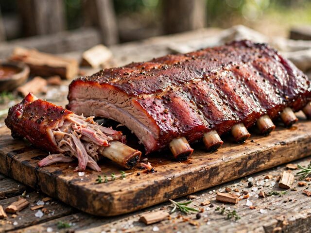 Rack of smoked pork ribs with deep reddish-mahogany cherrywood color on a wooden cutting board