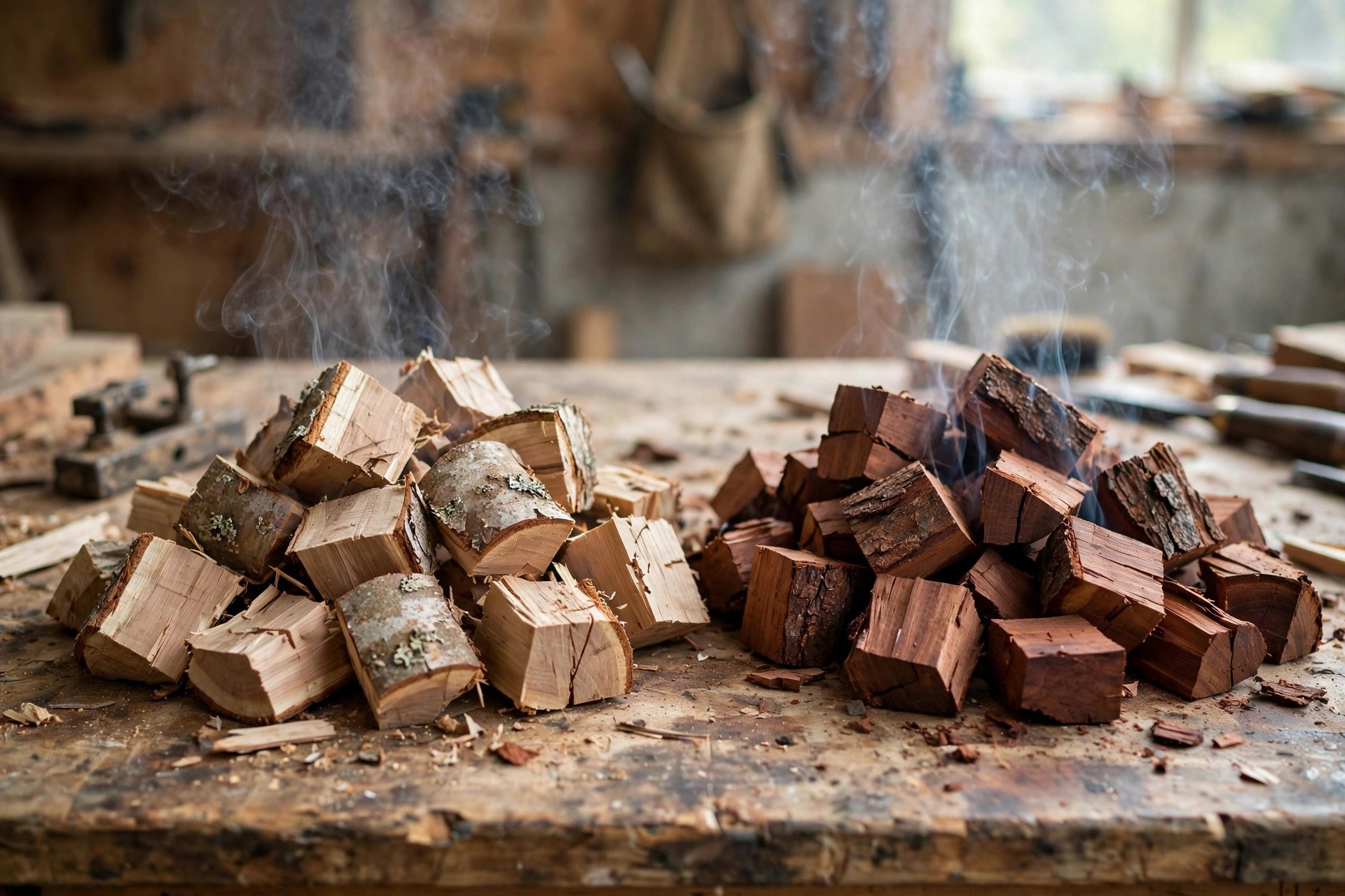 Apple wood chunks and cherry wood chunks in two piles on a workbench