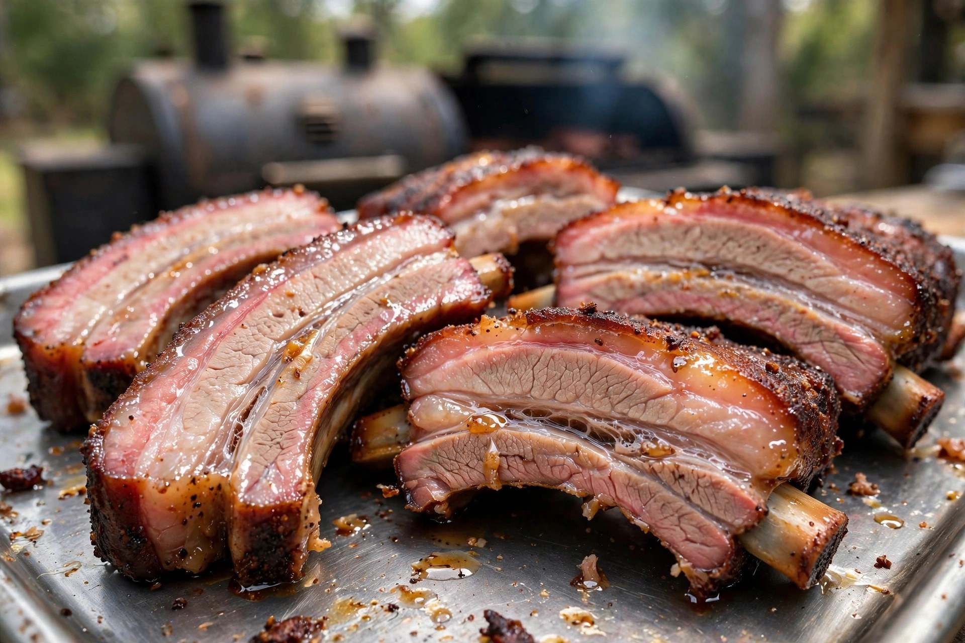 Sliced smoked pork ribs on a tray showing a pink smoke ring beneath the surface