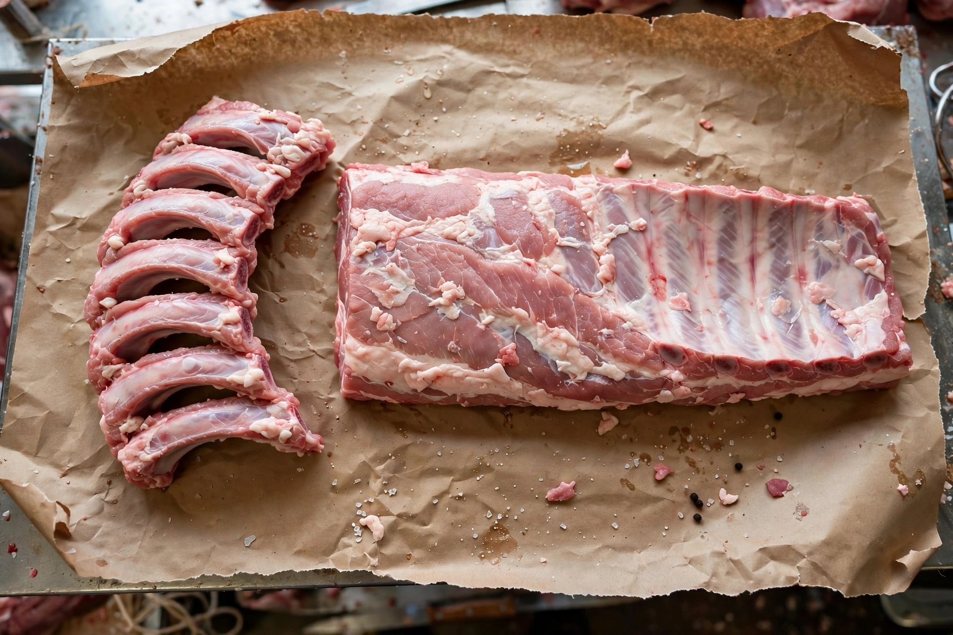 Raw baby back ribs and spare ribs side by side on butcher paper