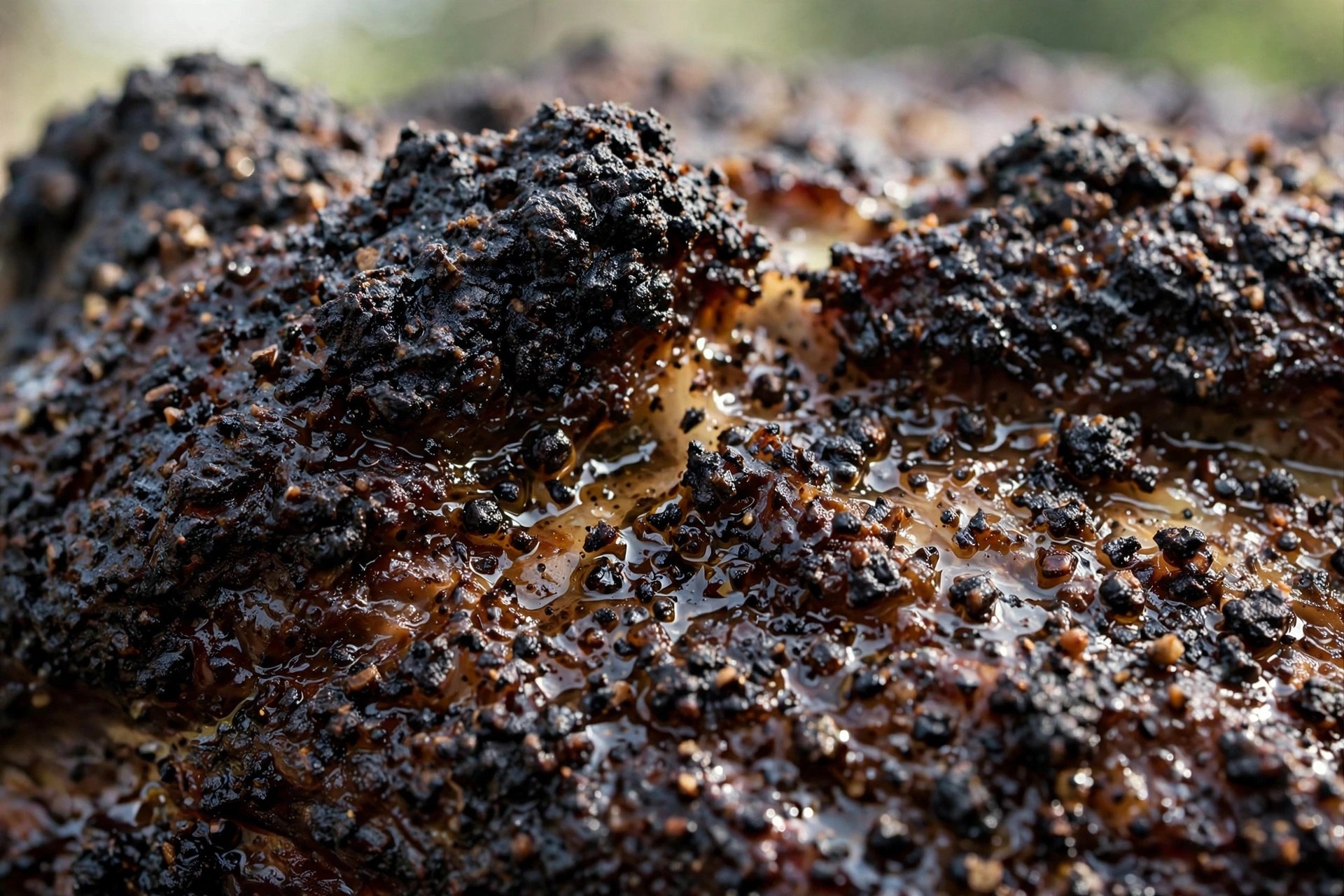 Close-up of dark, rugged bark crust on a smoked brisket showing texture detail