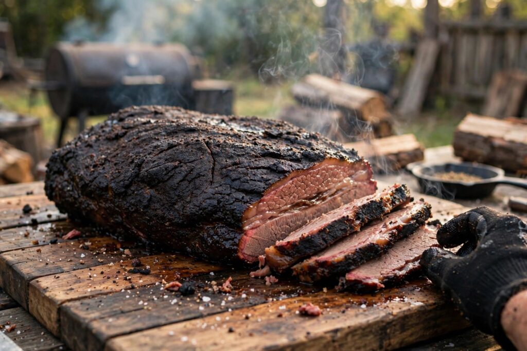 Whole smoked brisket with dark rugged bark crust on a cutting board with sliced end showing