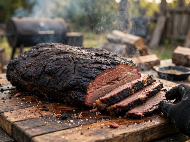 Whole smoked brisket with dark rugged bark crust on a cutting board with sliced end showing