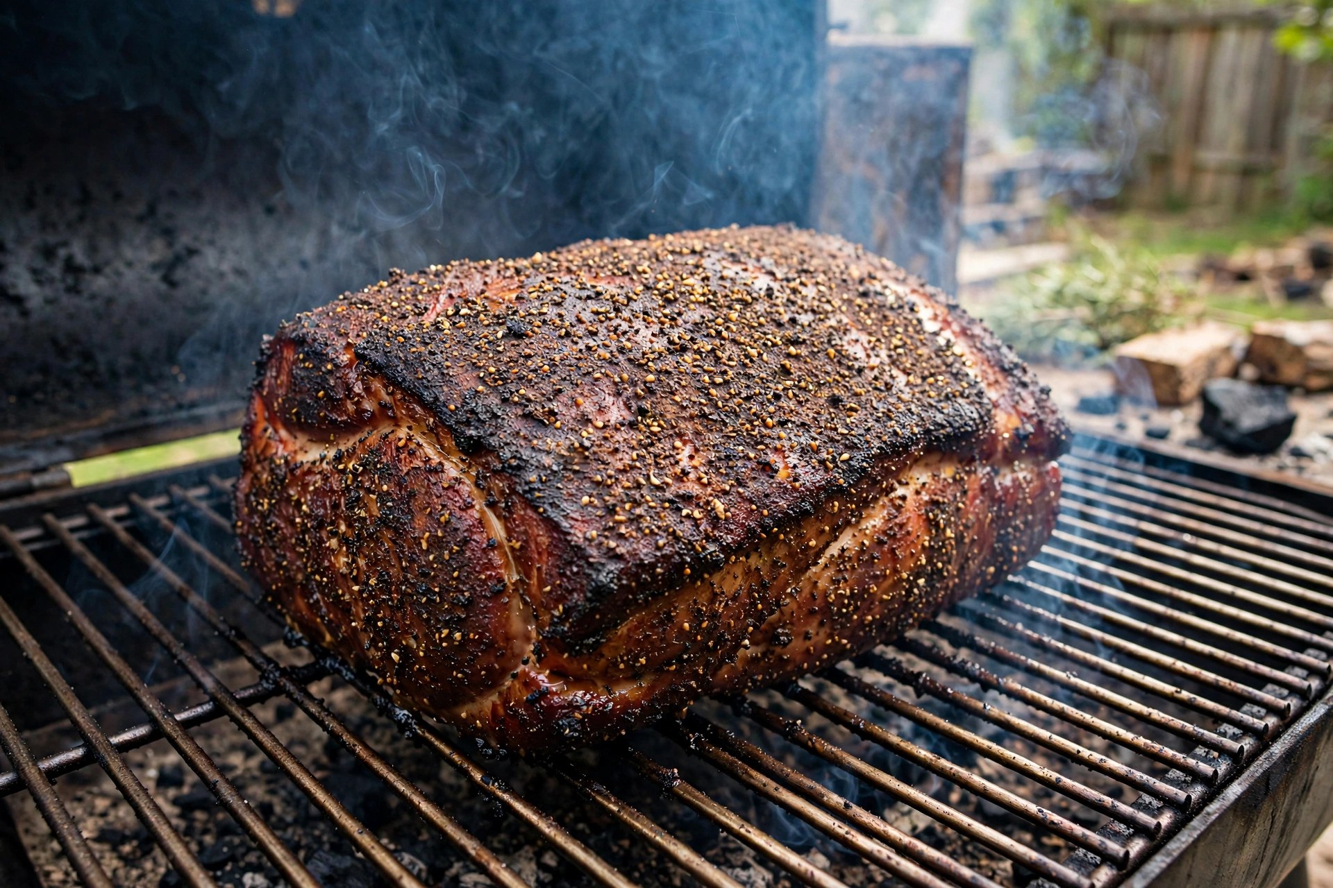 Pork shoulder with dark bark developing on a smoker grate