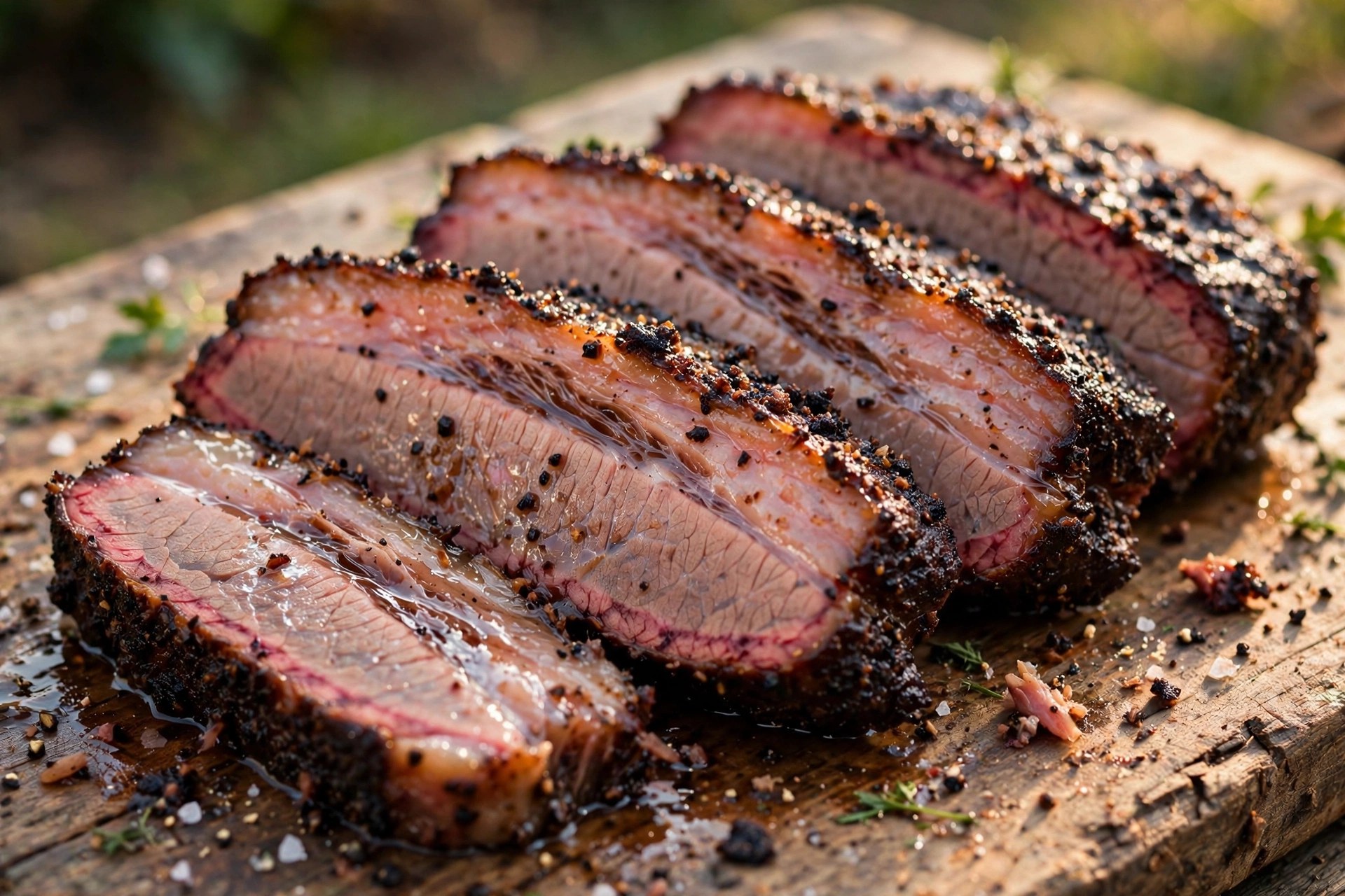 Sliced brisket showing the dark bark edge contrasting with juicy interior meat
