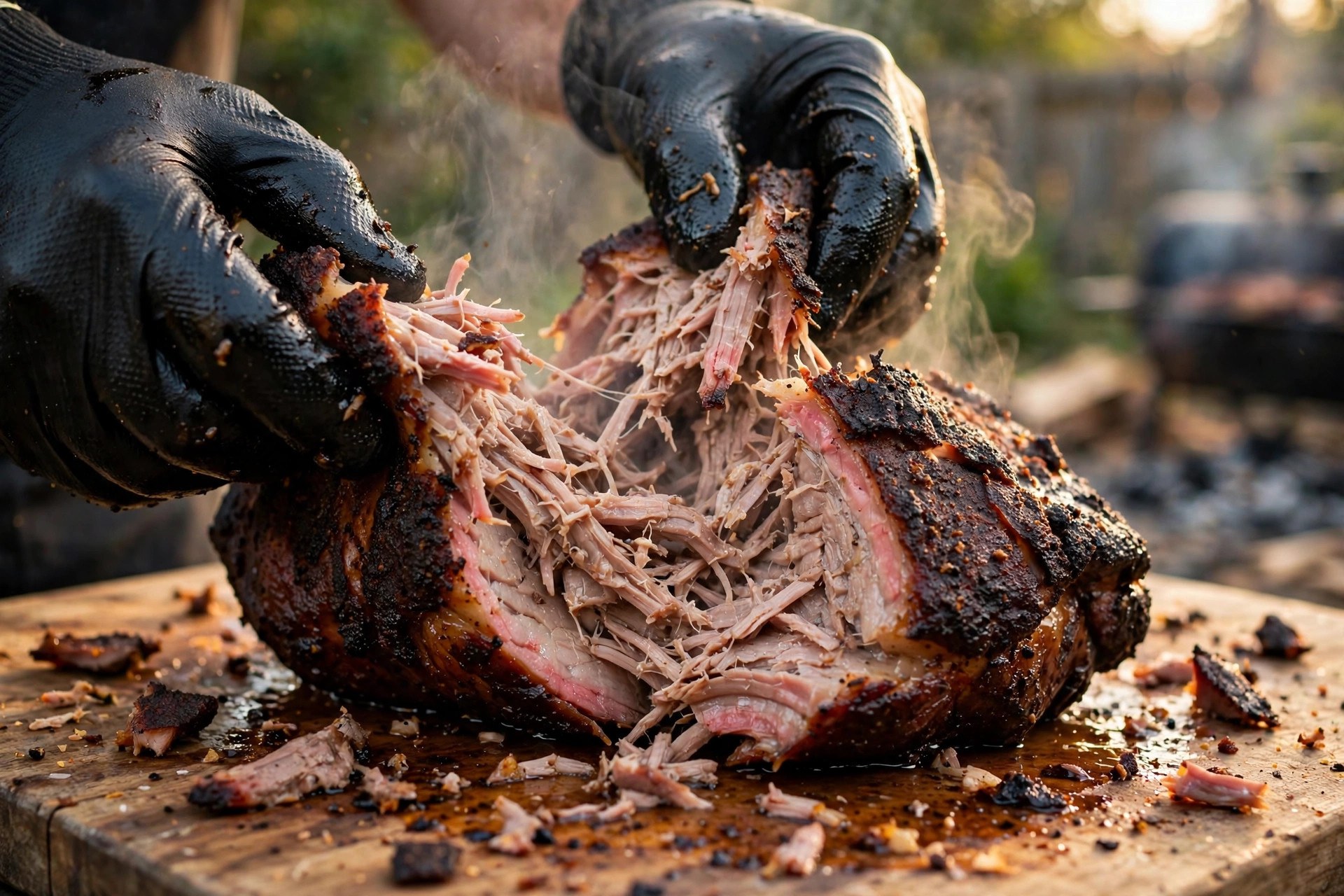 Finished smoked pork butt with dark even bark being pulled apart