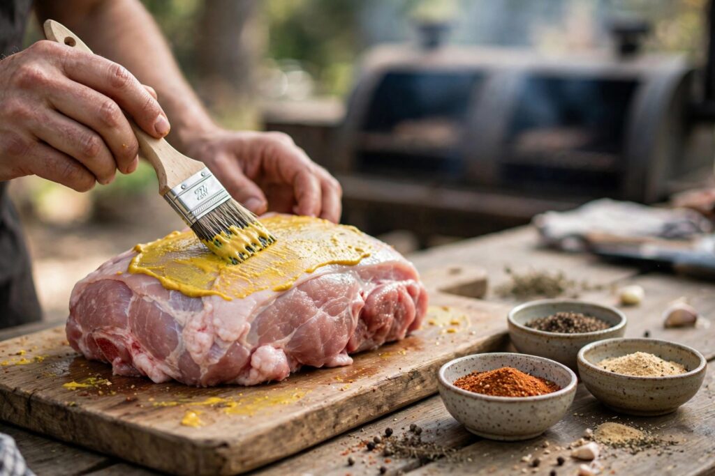 Raw pork shoulder being brushed with a thin layer of yellow mustard binder