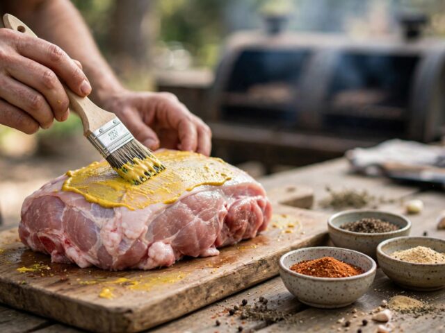 Raw pork shoulder being brushed with a thin layer of yellow mustard binder
