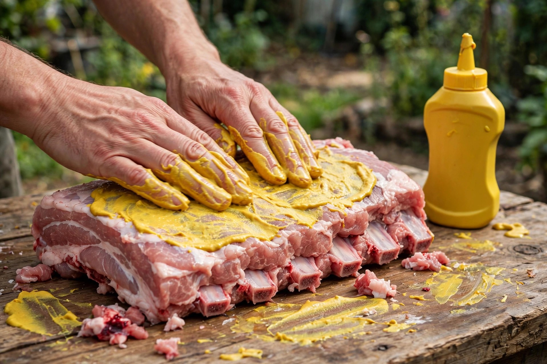 Hands spreading a thin layer of yellow mustard on a raw pork shoulder before seasoning