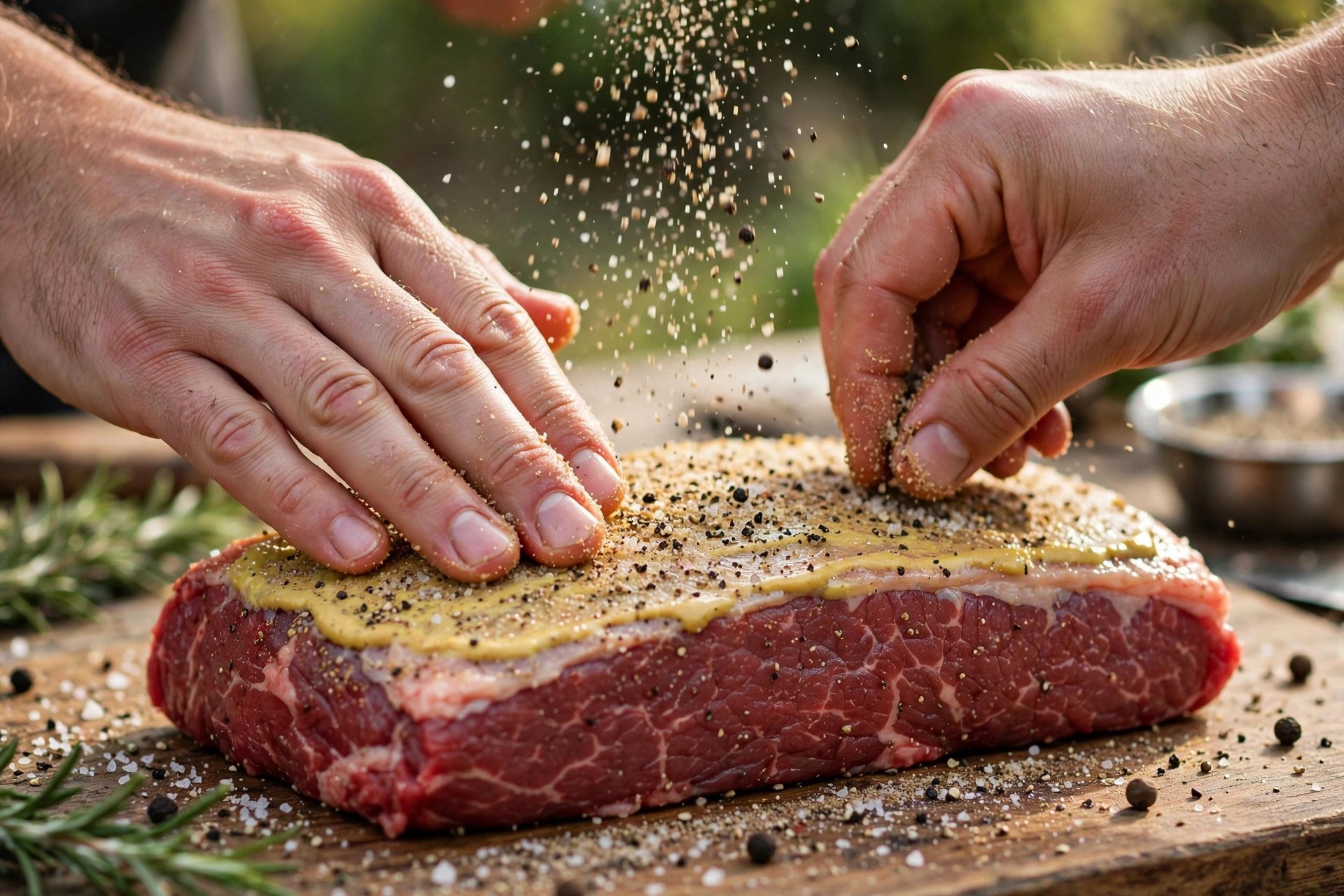 Dry rub being patted onto a mustard-coated brisket, with seasoning clinging evenly