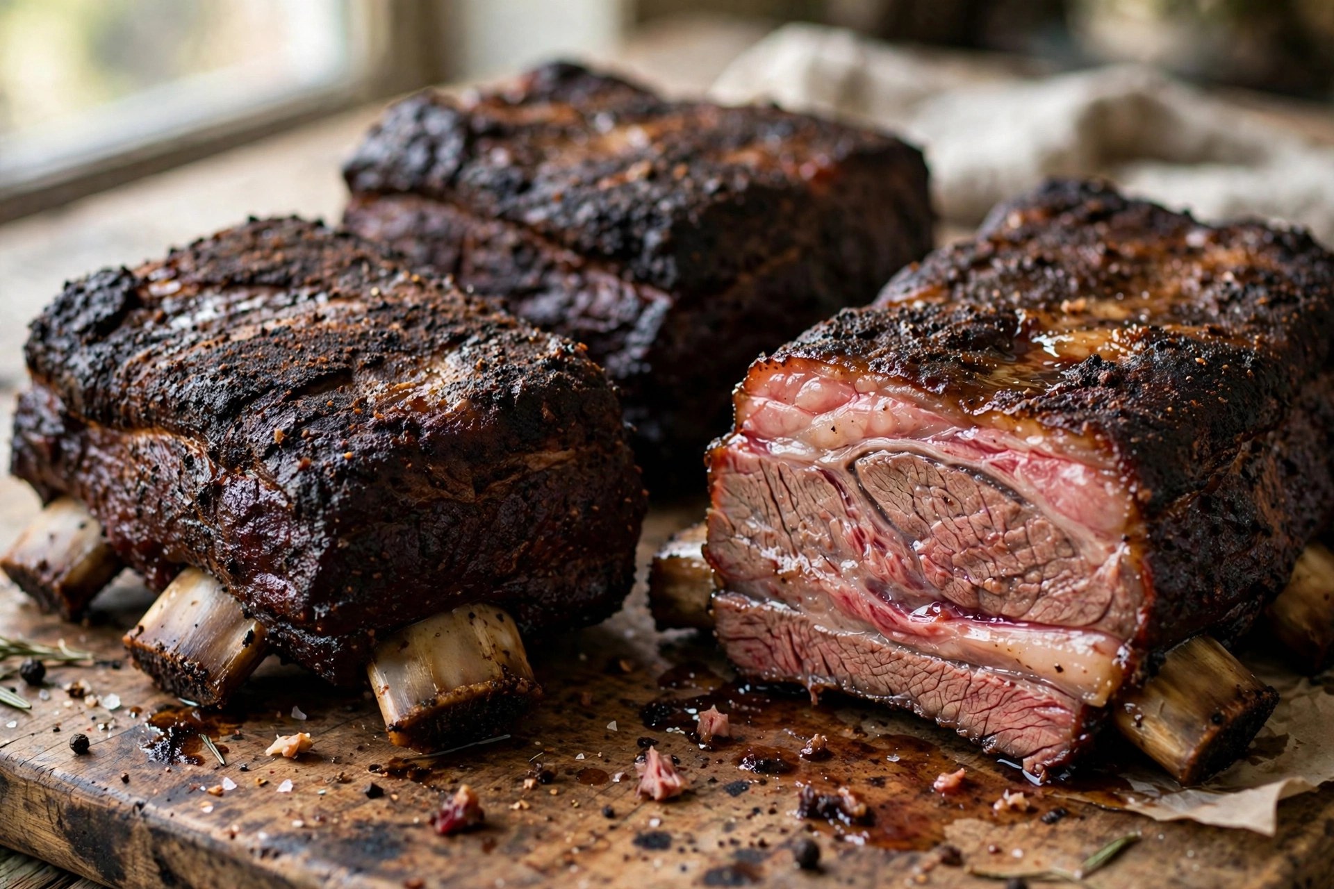 Three smoked beef plate short ribs with dark bark and a juicy sliced cross-section