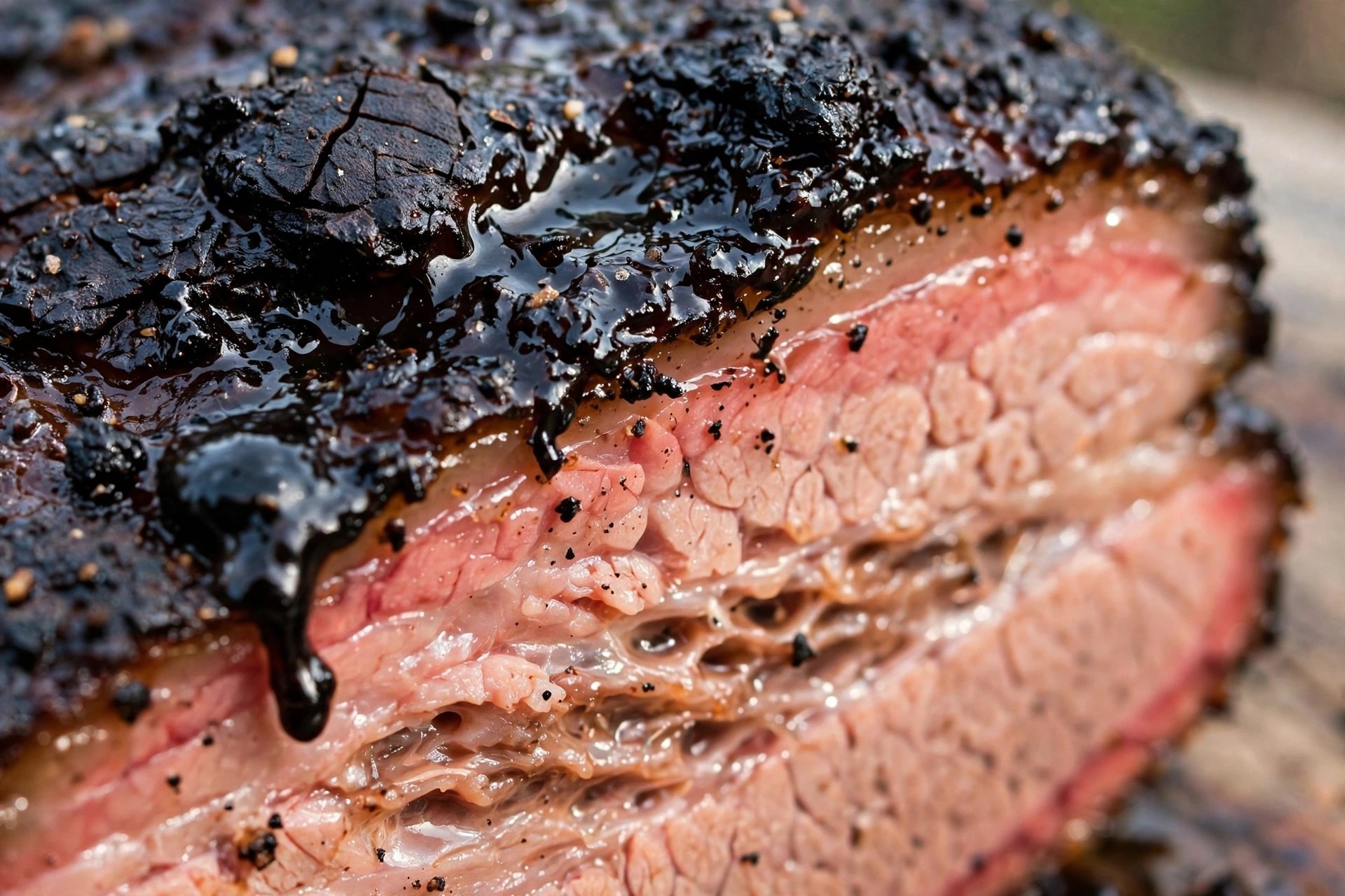 Extreme close-up of a brisket bark with a shiny black sooty creosote residue over a pink smoke ring