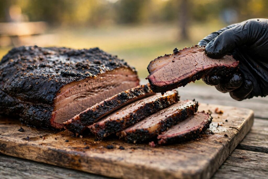 Sliced smoked brisket with a dark, nearly black charred bark on a wooden cutting board held by a gloved hand