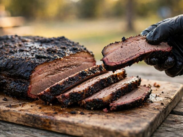 Sliced smoked brisket with a dark, nearly black charred bark on a wooden cutting board held by a gloved hand
