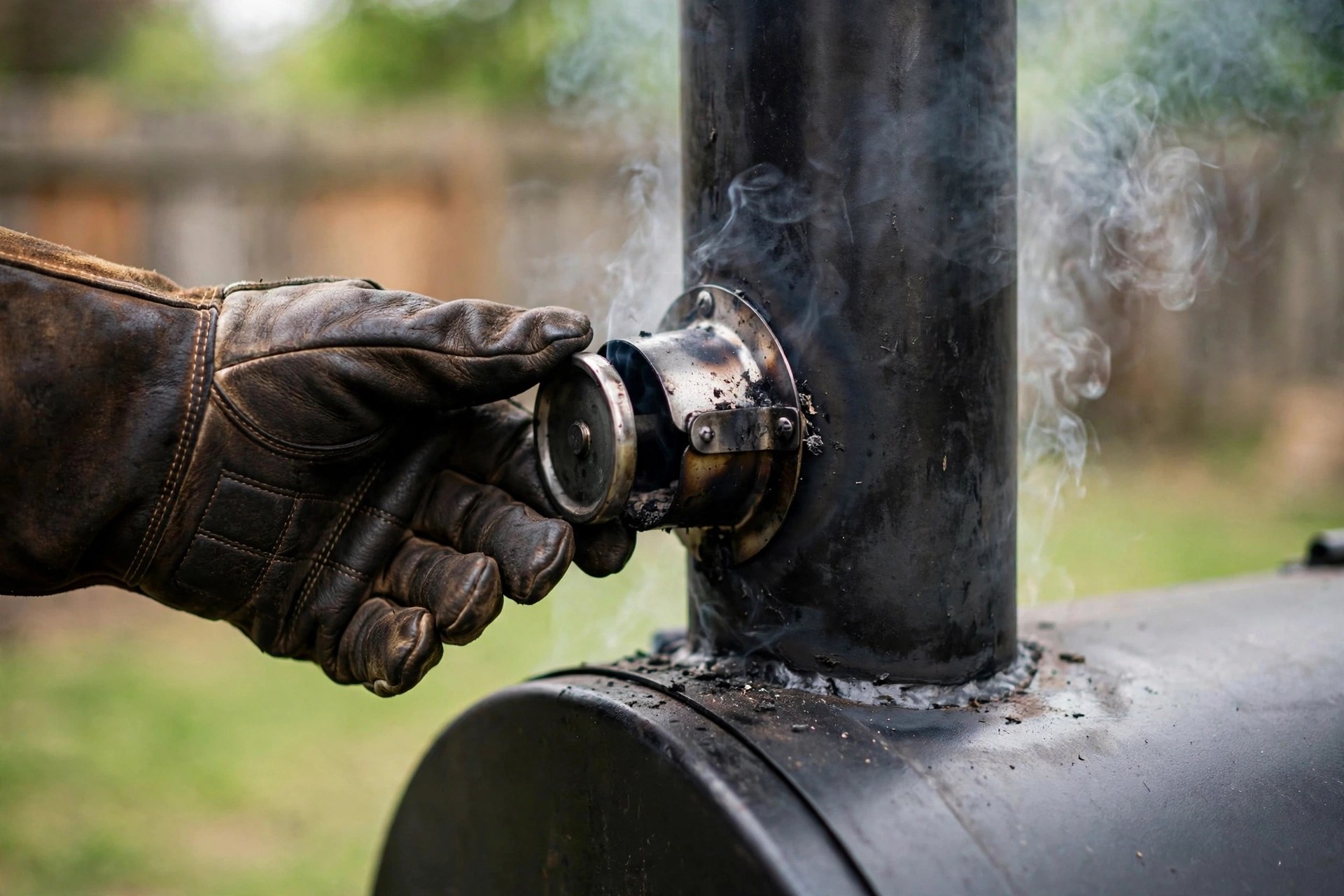 Gloved hand adjusting the exhaust vent damper on an offset smoker chimney