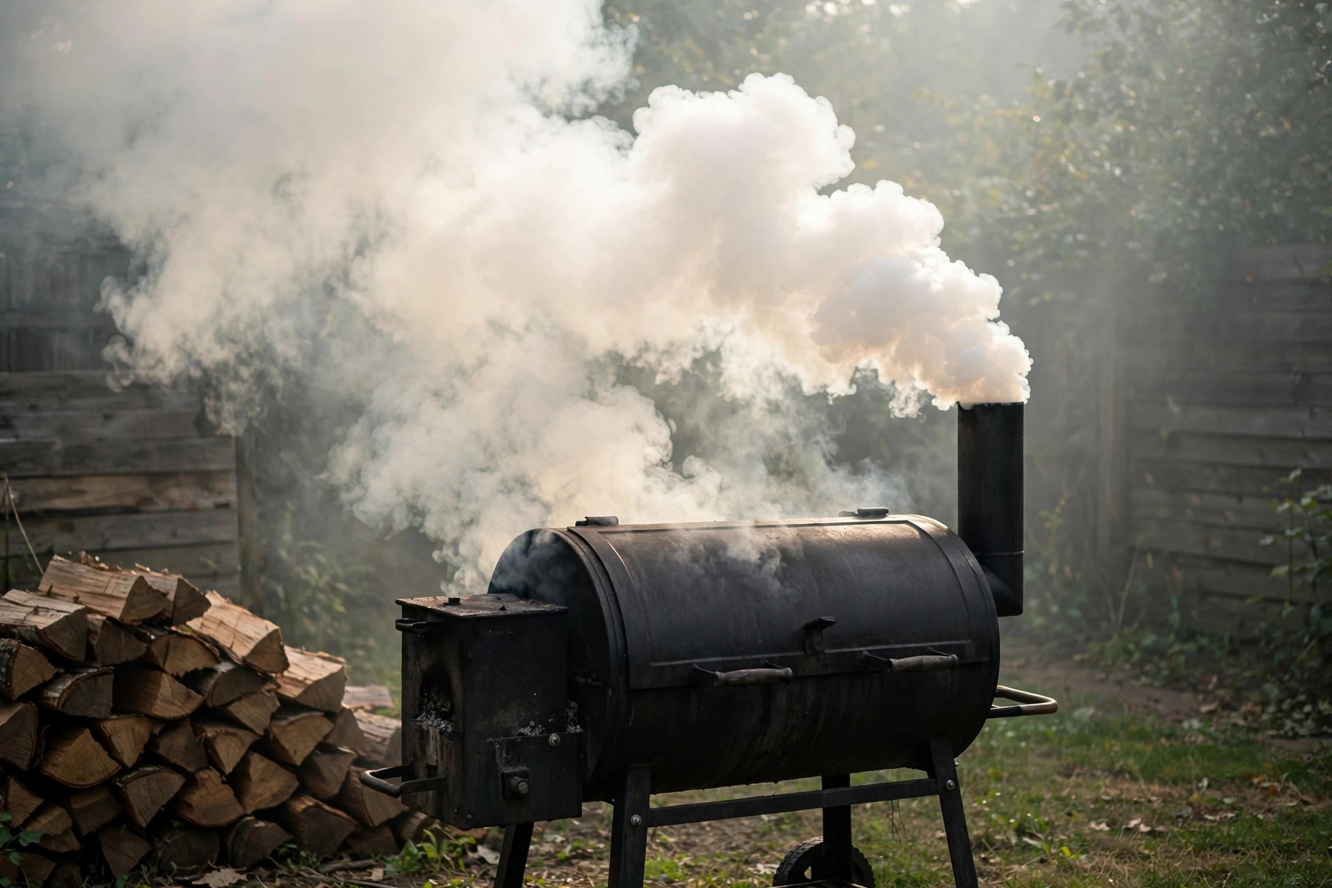 Offset smoker billowing thick white smoke, a sign of incomplete combustion that causes bitter creosote