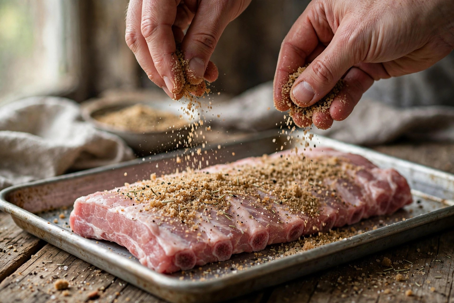 Hands sprinkling coarse dry rub generously over a raw rack of pork ribs on a sheet pan