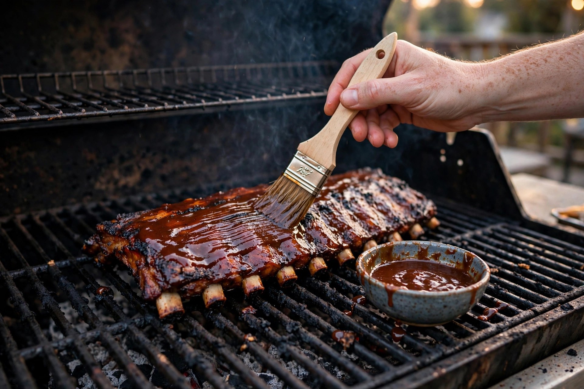 Hand brushing glossy barbecue sauce onto a finished rack of ribs on a hot grill with char marks