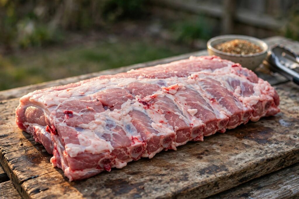 Raw rack of pork spare ribs on a weathered wooden cutting board with dry rub and tongs nearby