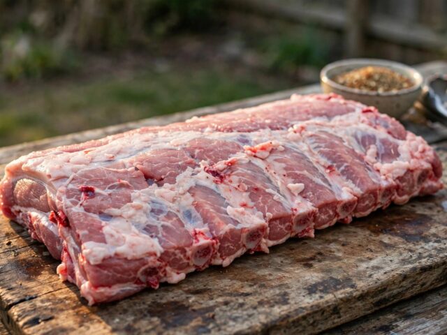 Raw rack of pork spare ribs on a weathered wooden cutting board with dry rub and tongs nearby