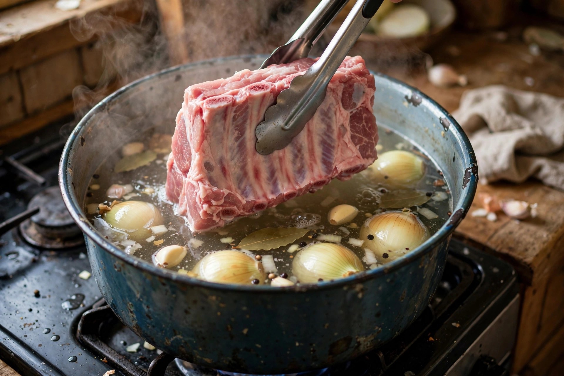 Raw rack of pork ribs being lowered with tongs into a steaming stock pot of simmering water with onions and garlic