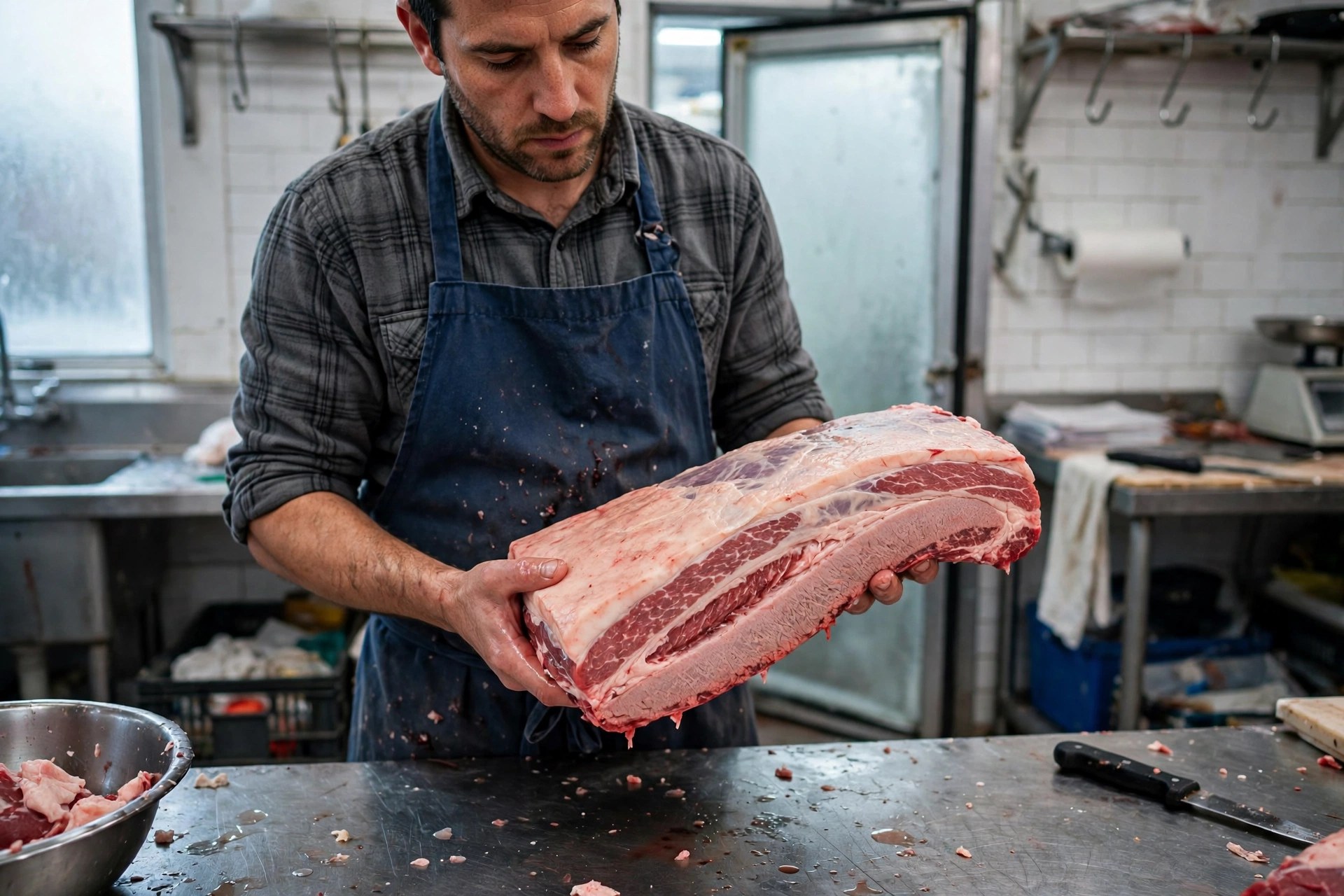 Butcher holding a raw beef brisket primal cut in a butcher shop