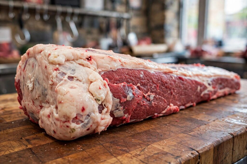 Whole raw packer brisket with point and flat on a butcher block