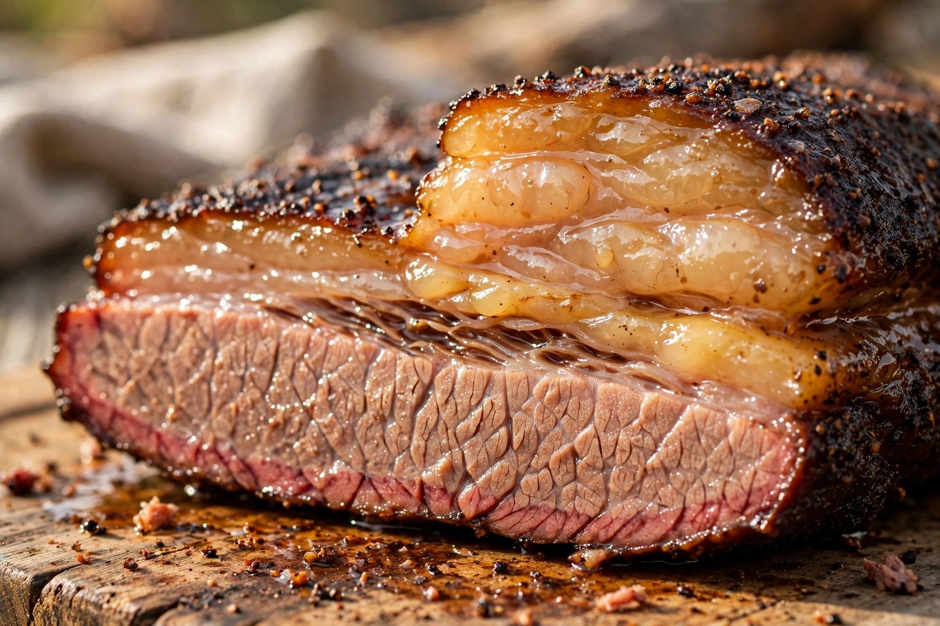 Smoked brisket cross-section showing the fatty point layered over the lean flat
