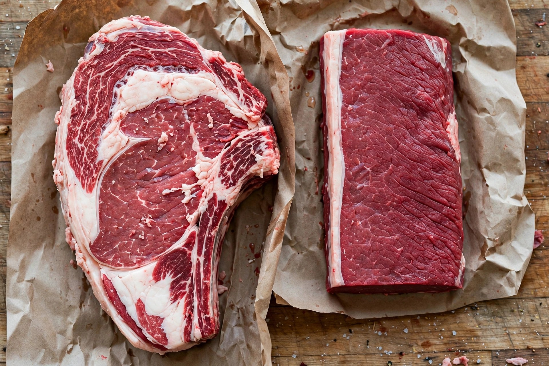 Raw brisket point and flat cuts side by side on butcher paper