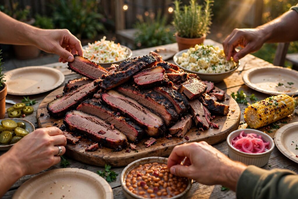 Sliced smoked brisket platter at a backyard BBQ party with sides
