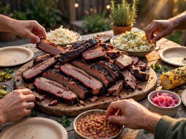 Sliced smoked brisket platter at a backyard BBQ party with sides
