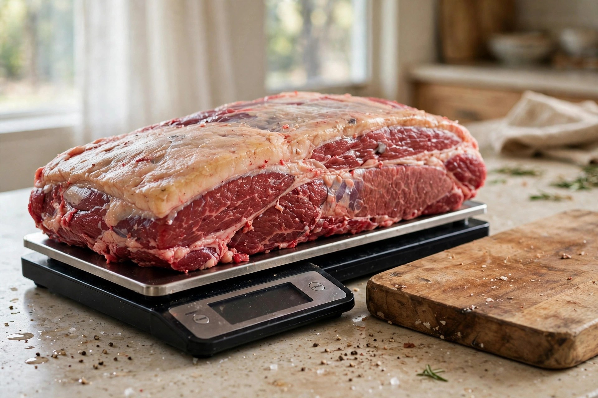 Large raw packer brisket on a kitchen scale next to a cutting board
