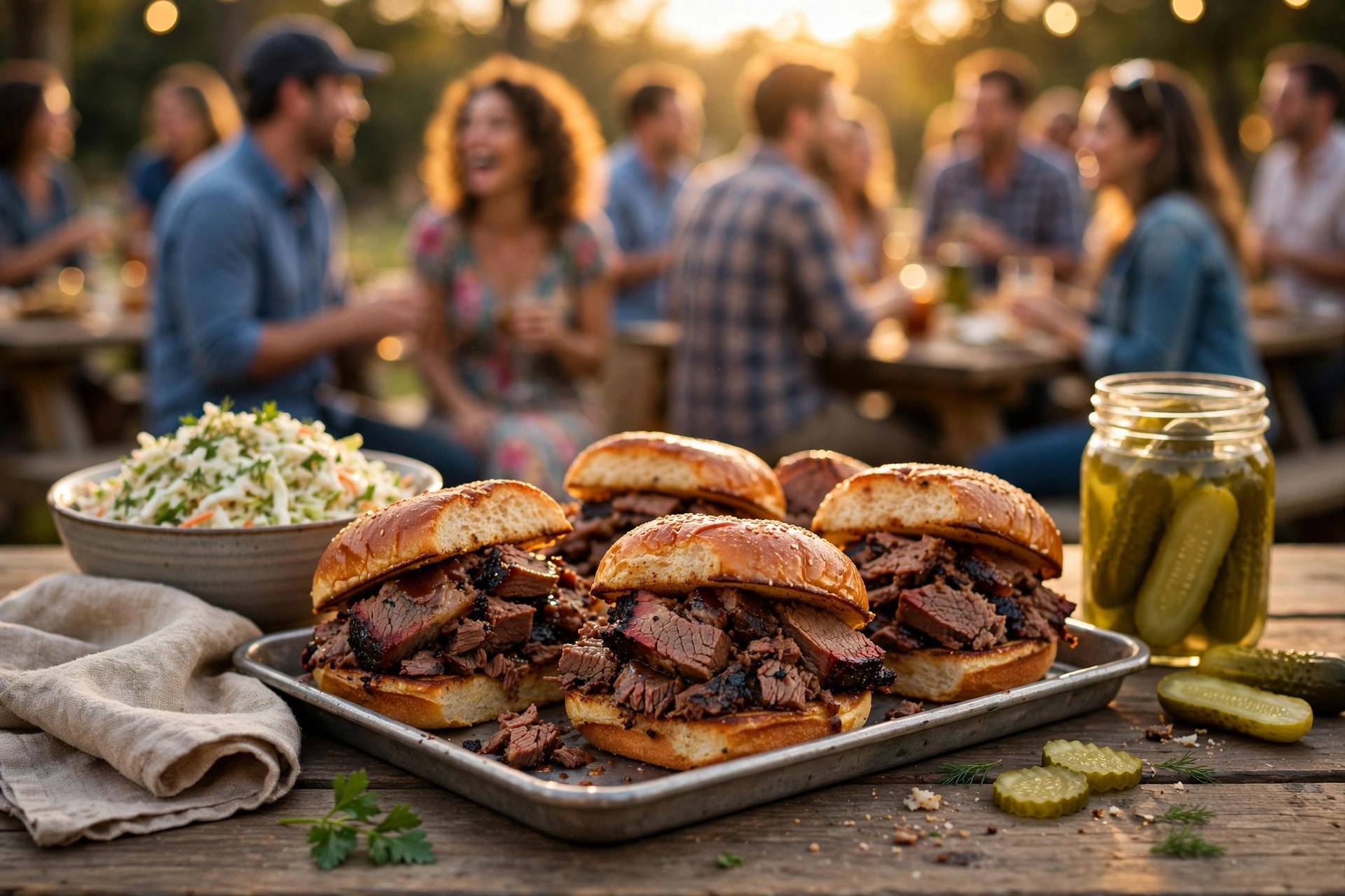 Chopped brisket sandwiches on toasted buns served at an outdoor party