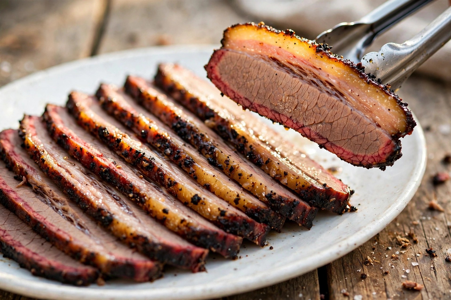 Neatly sliced smoked brisket arranged in portions on a white platter