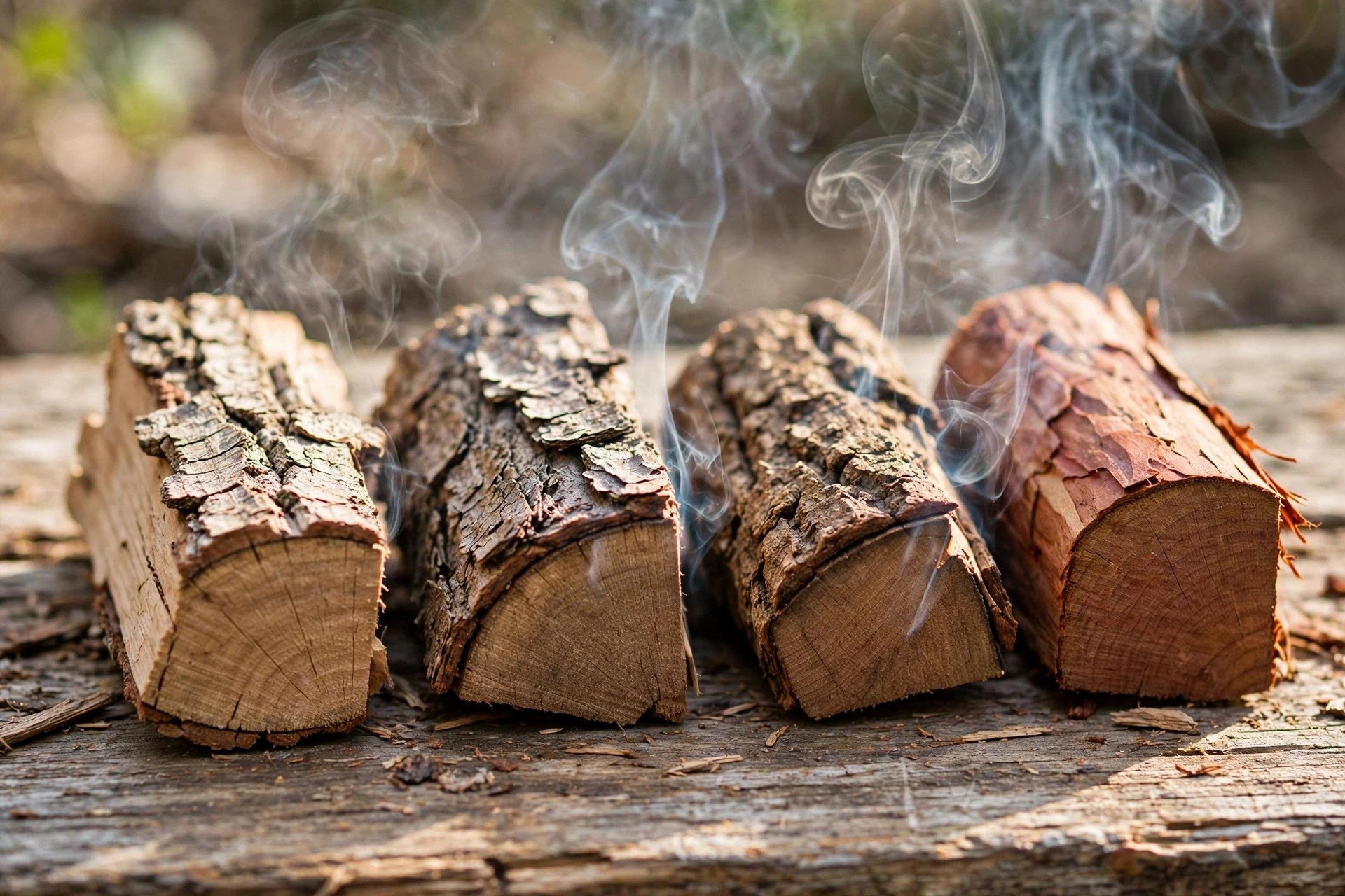 Split post oak logs stacked beside an offset smoker with brisket cooking inside