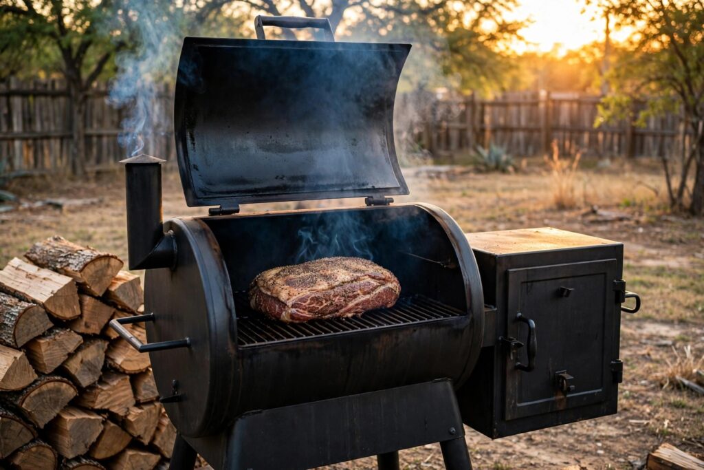 Split oak logs stacked beside an offset smoker with brisket cooking and thin blue smoke