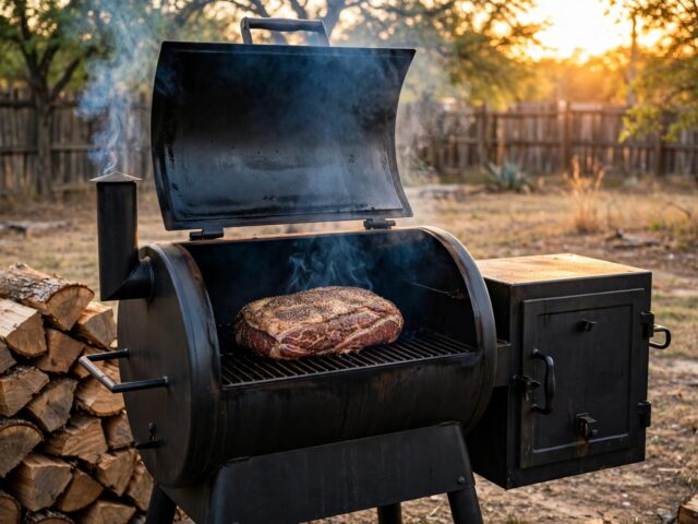 Split oak logs stacked beside an offset smoker with brisket cooking and thin blue smoke