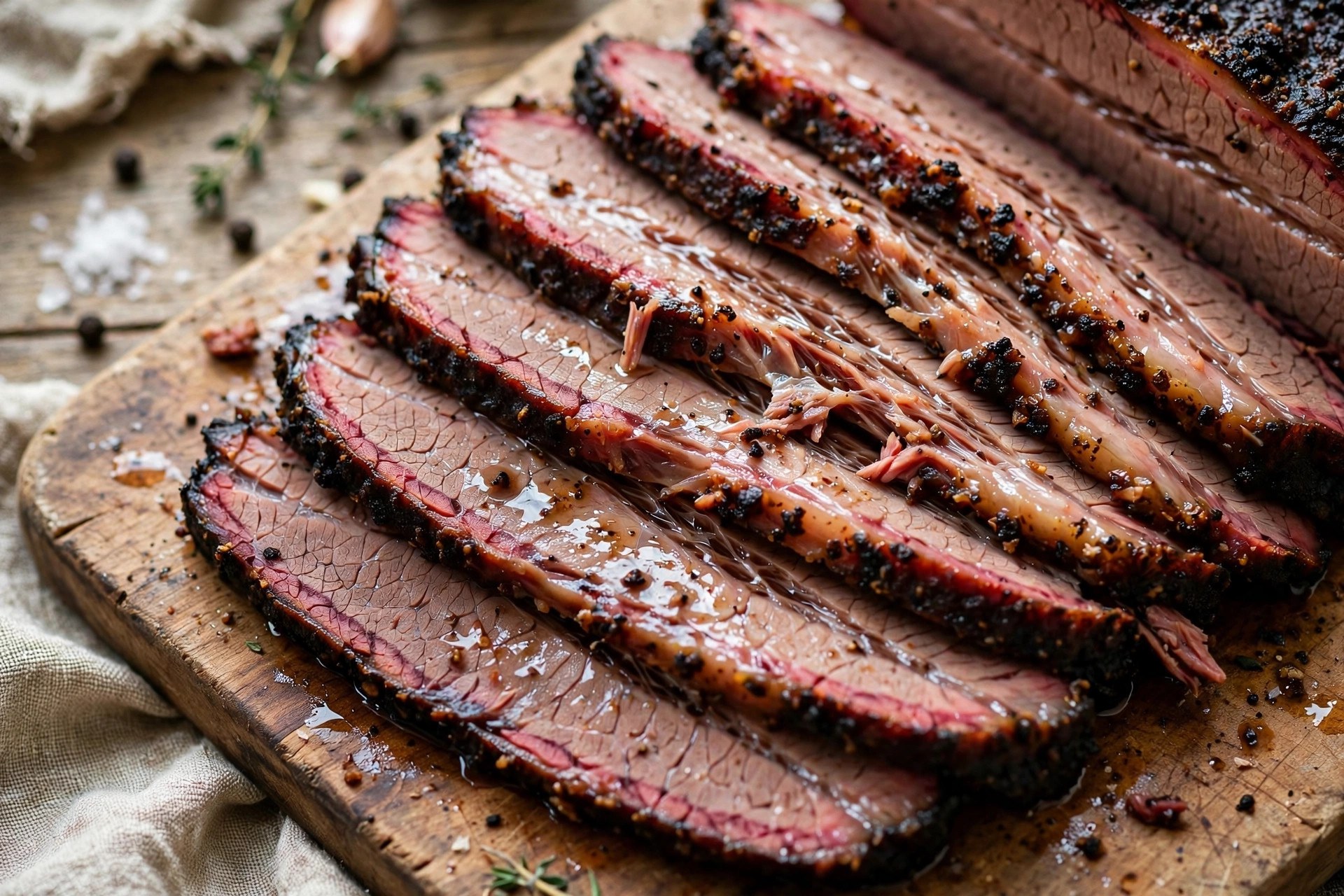 Brisket cooking on a smoker grate with thin blue smoke rising
